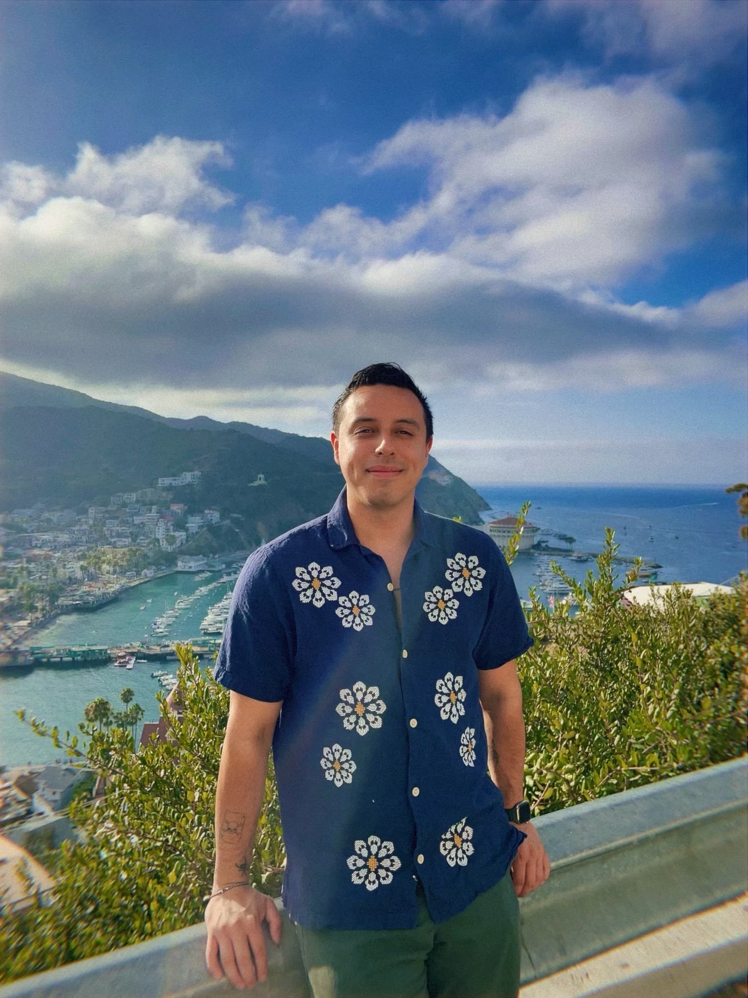 Eric Brenes, production manager, standing above Avalon harbour on Catalina Island.